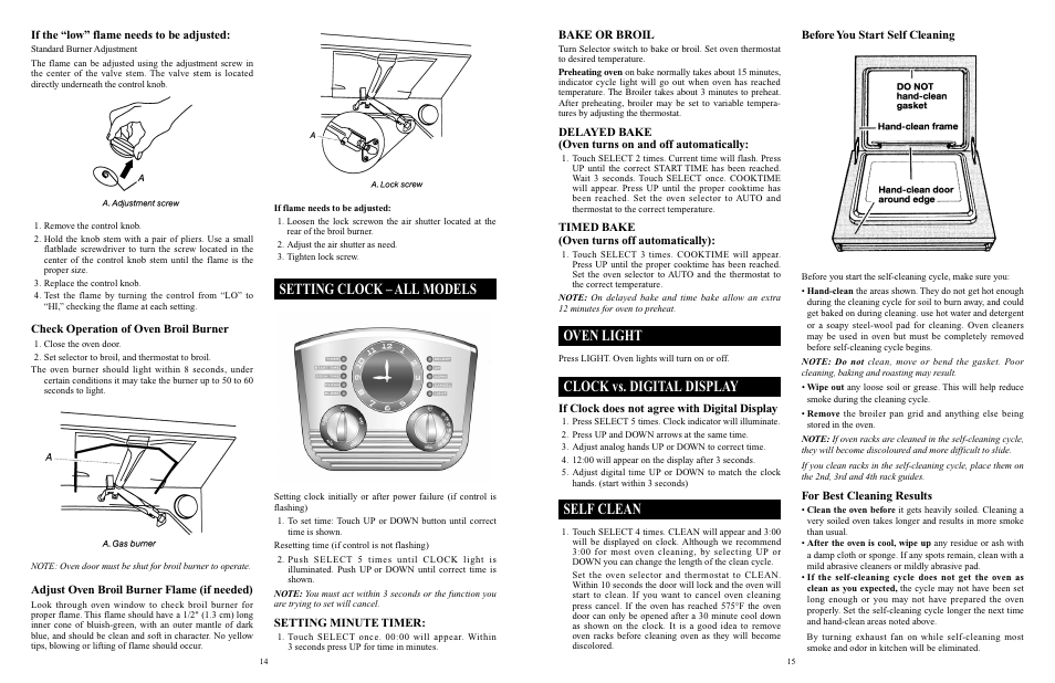 Oven light, Vs. clock vs. digital display, Self clean | Setting clock – all models, Bake or broil, Delayed bake (oven turns on and off automatically, Timed bake (oven turns off automatically), If clock does not agree with digital display, Before you start self cleaning, For best cleaning results | Elmira Stove Works 1956 User Manual | Page 8 / 17