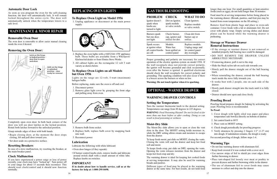 Gas troubleshooting, Optional – warmer drawer, Maintenance & minor repair | Replacing oven lights, Problem check what to do, Warming drawer controls setting the temperature, Moist-dry slide, Storage or warmer drawer removal instructions, Proofing bread, Warming tips | Elmira Stove Works 1956 User Manual | Page 9 / 17