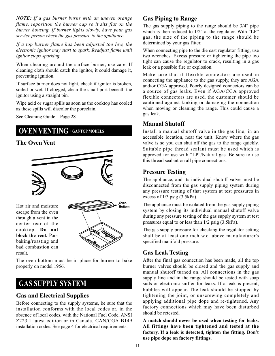 Oven venting, Gas supply system | Elmira Stove Works 1954 User Manual | Page 11 / 32