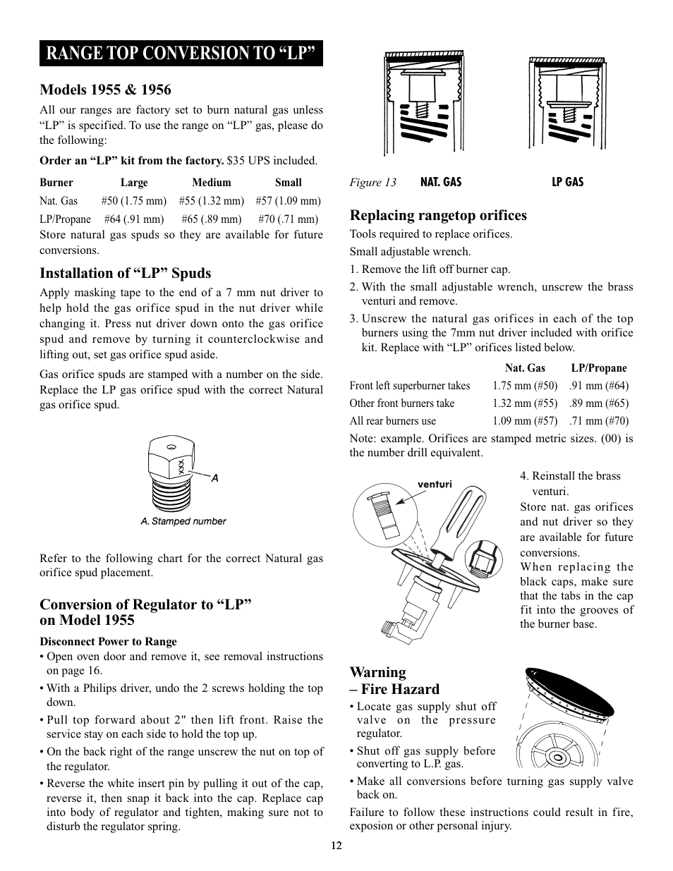 Range top conversion to “lp, Installation of “lp” spuds, Conversion of regulator to “lp” on model 1955 | Replacing rangetop orifices, Warning – fire hazard | Elmira Stove Works 1954 User Manual | Page 12 / 32
