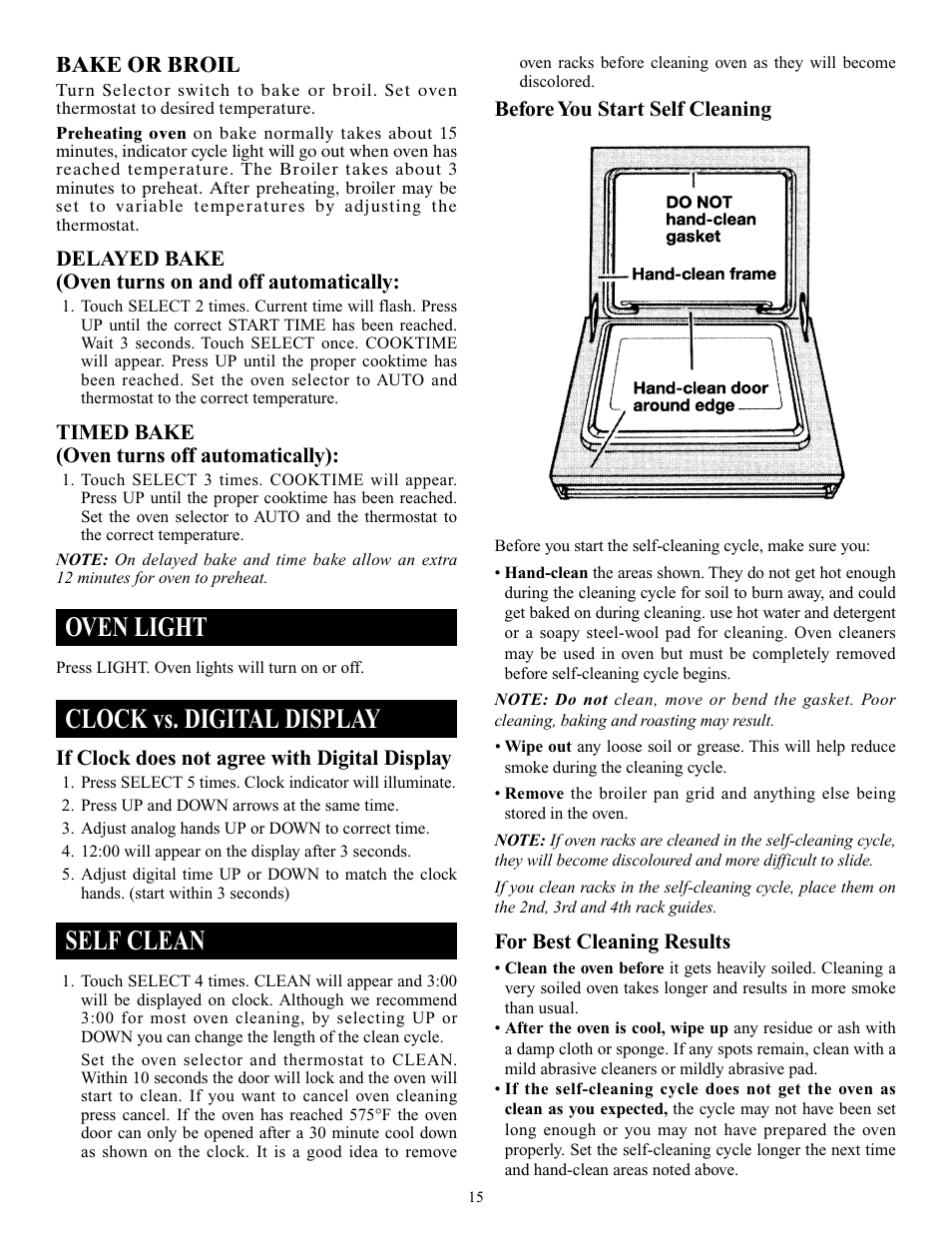 Oven light, Vs. clock vs. digital display, Self clean | Elmira Stove Works 1954 User Manual | Page 15 / 32