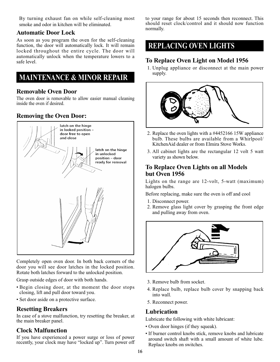 Maintenance & minor repair, Replacing oven lights | Elmira Stove Works 1954 User Manual | Page 16 / 32