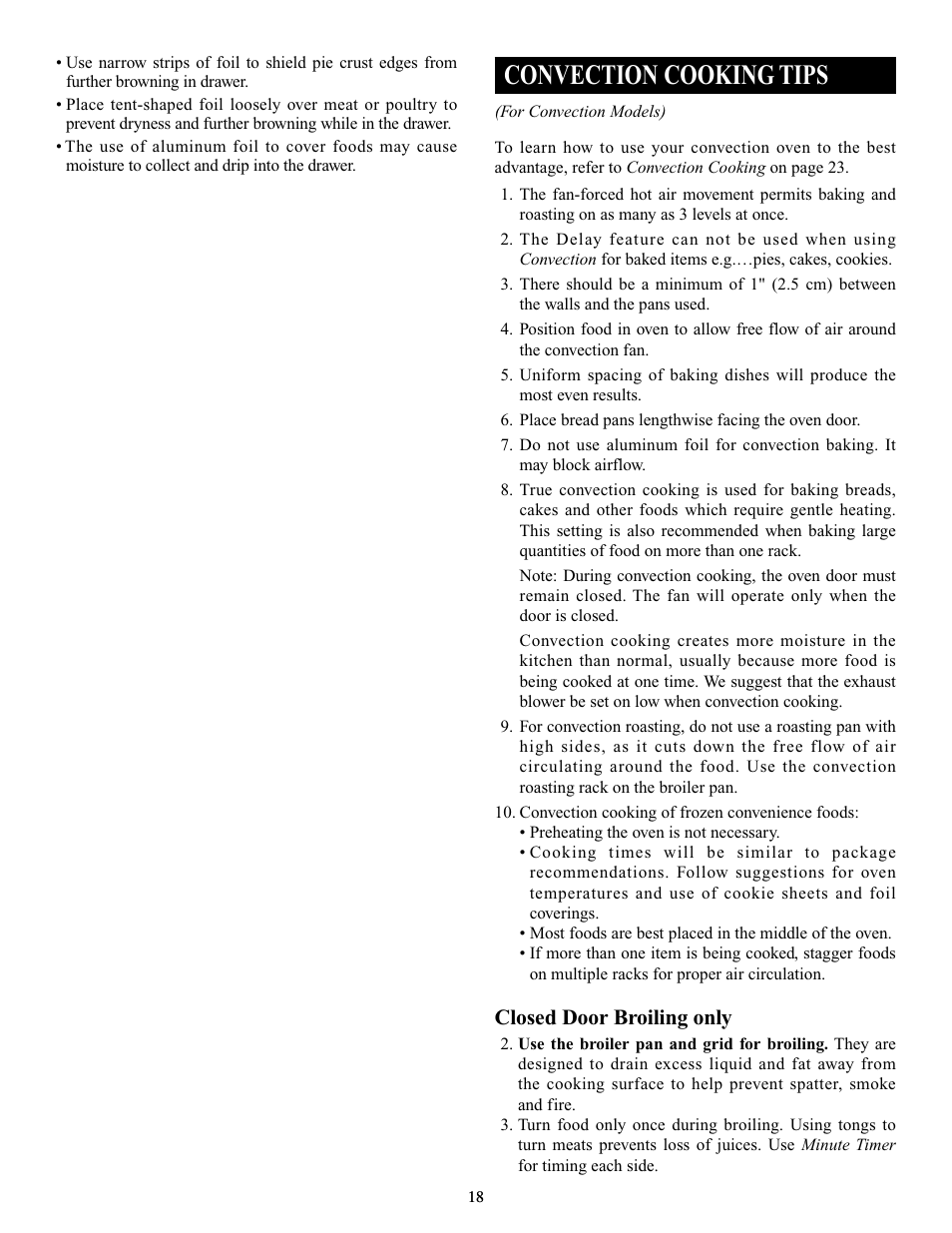 Convection cooking tips, Closed door broiling only | Elmira Stove Works 1954 User Manual | Page 18 / 32
