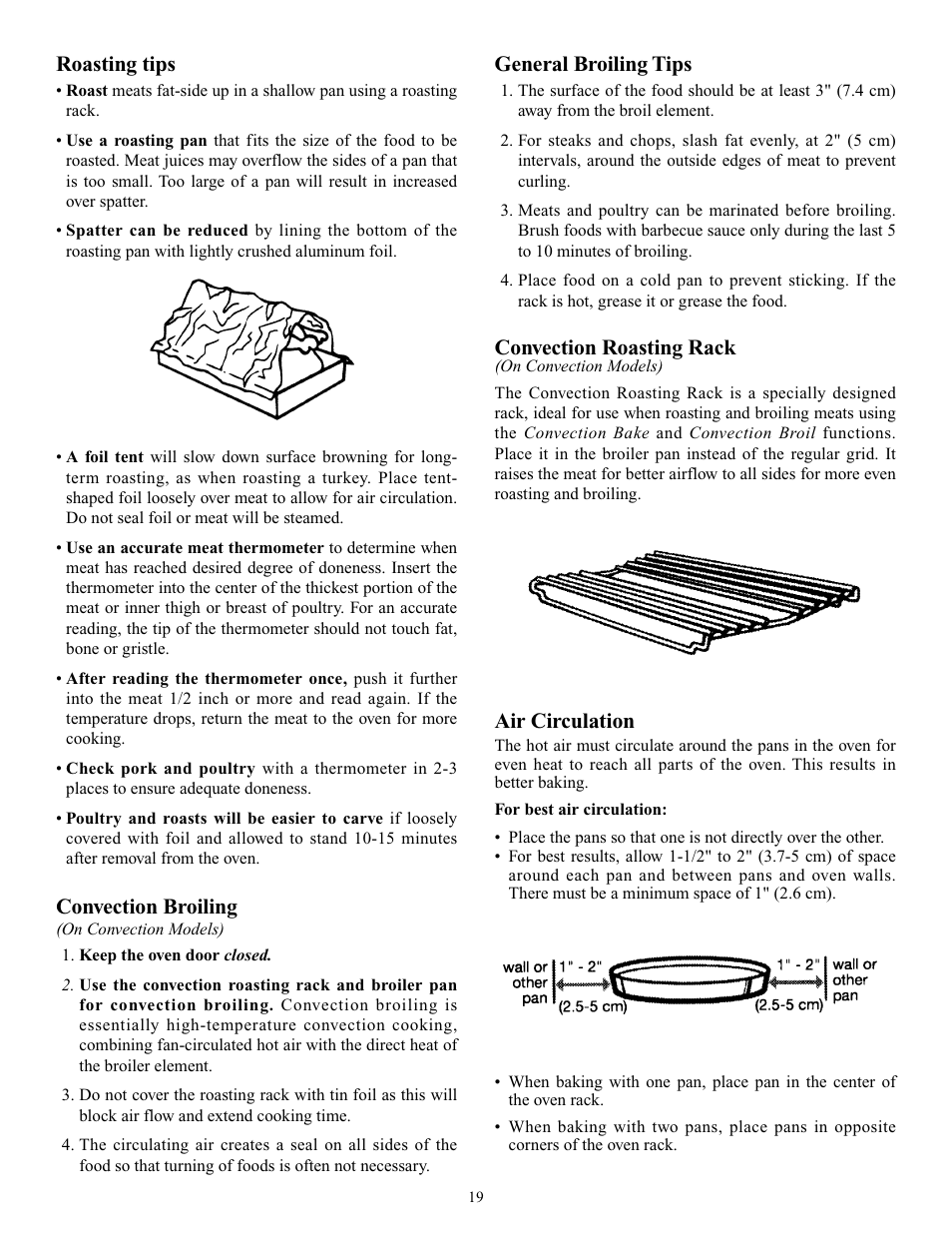 Roasting tips, Convection broiling, General broiling tips | Convection roasting rack, Air circulation | Elmira Stove Works 1954 User Manual | Page 19 / 32