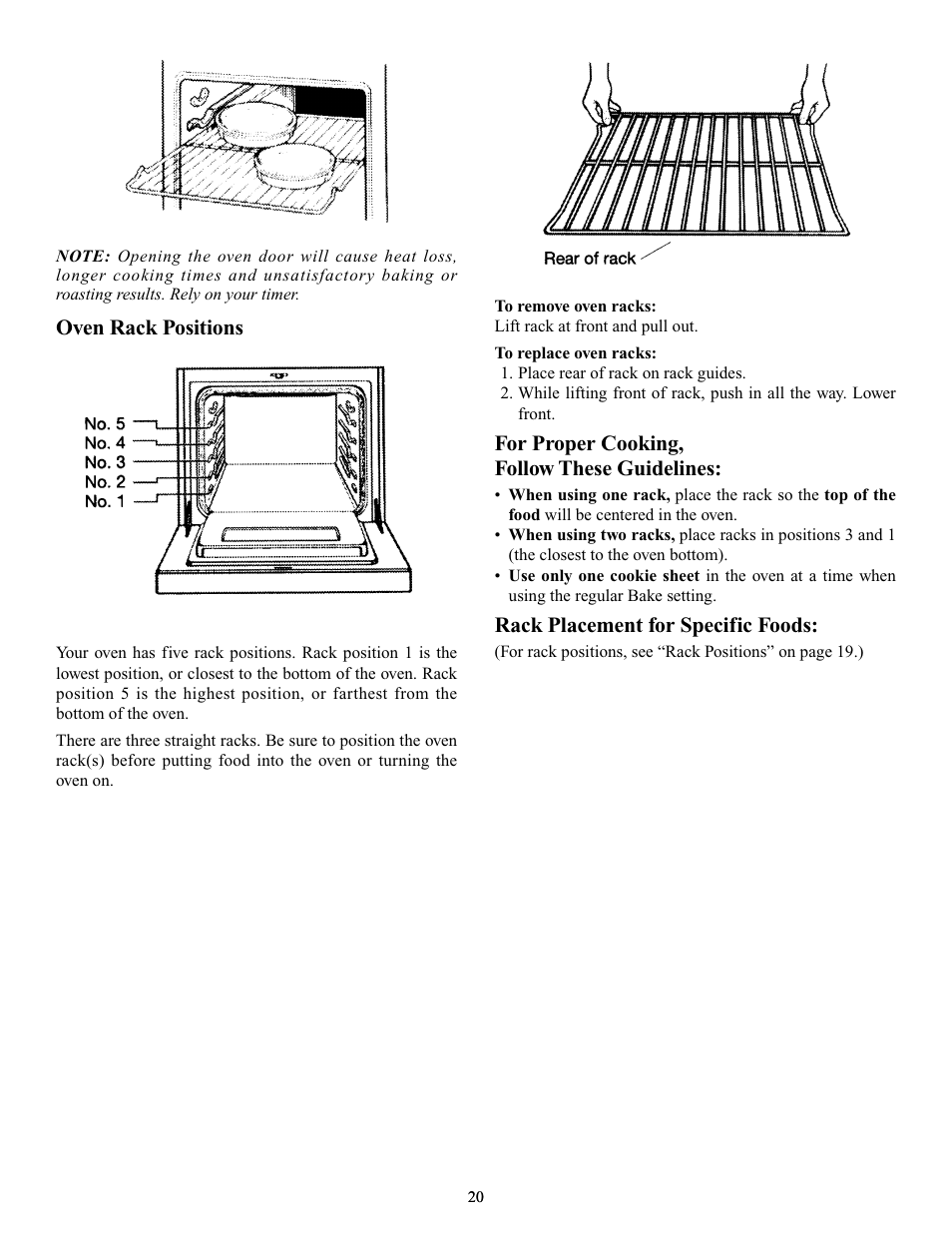 Oven rack positions, For proper cooking, follow these guidelines, Rack placement for specific foods | Elmira Stove Works 1954 User Manual | Page 20 / 32