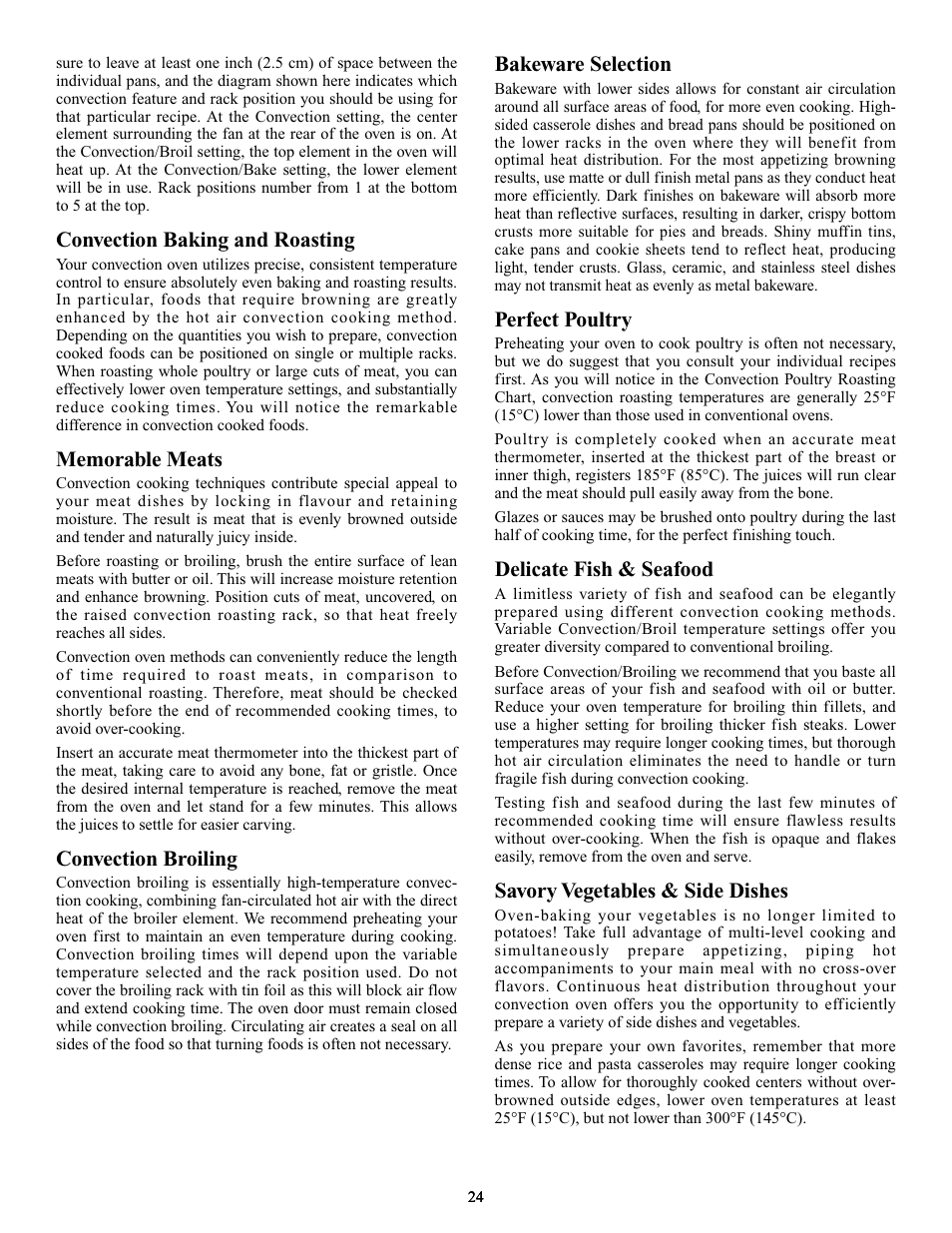 Convection baking and roasting, Convection broiling, Bakeware selection | Perfect poultry, Delicate fish & seafood, Savory vegetables & side dishes | Elmira Stove Works 1954 User Manual | Page 24 / 32