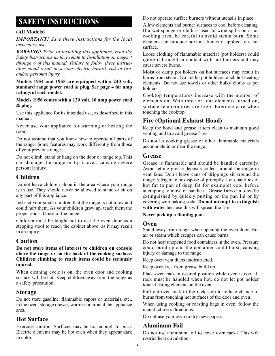 Safety instructions | Elmira Stove Works 1954 User Manual | Page 3 / 32