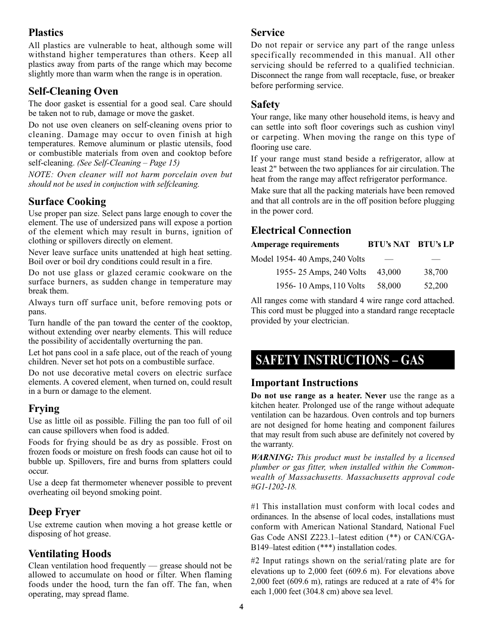 Safety instructions – gas | Elmira Stove Works 1954 User Manual | Page 4 / 32