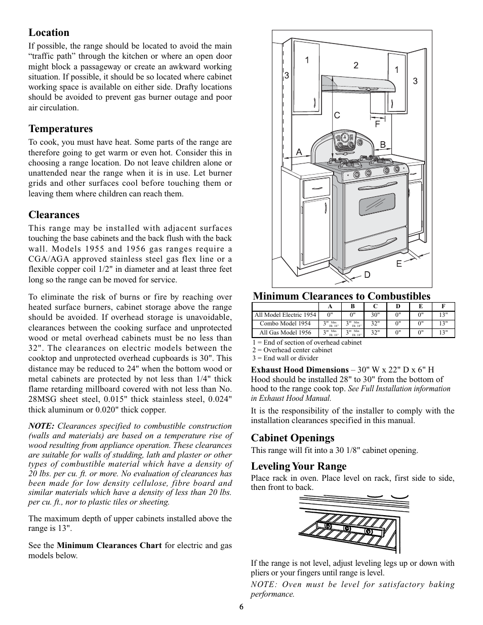 Location, Temperatures, Clearances | Cabinet openings, Leveling your range, Minimum clearances to combustibles, This range will fit into a 30 1/8" cabinet opening | Elmira Stove Works 1954 User Manual | Page 6 / 32