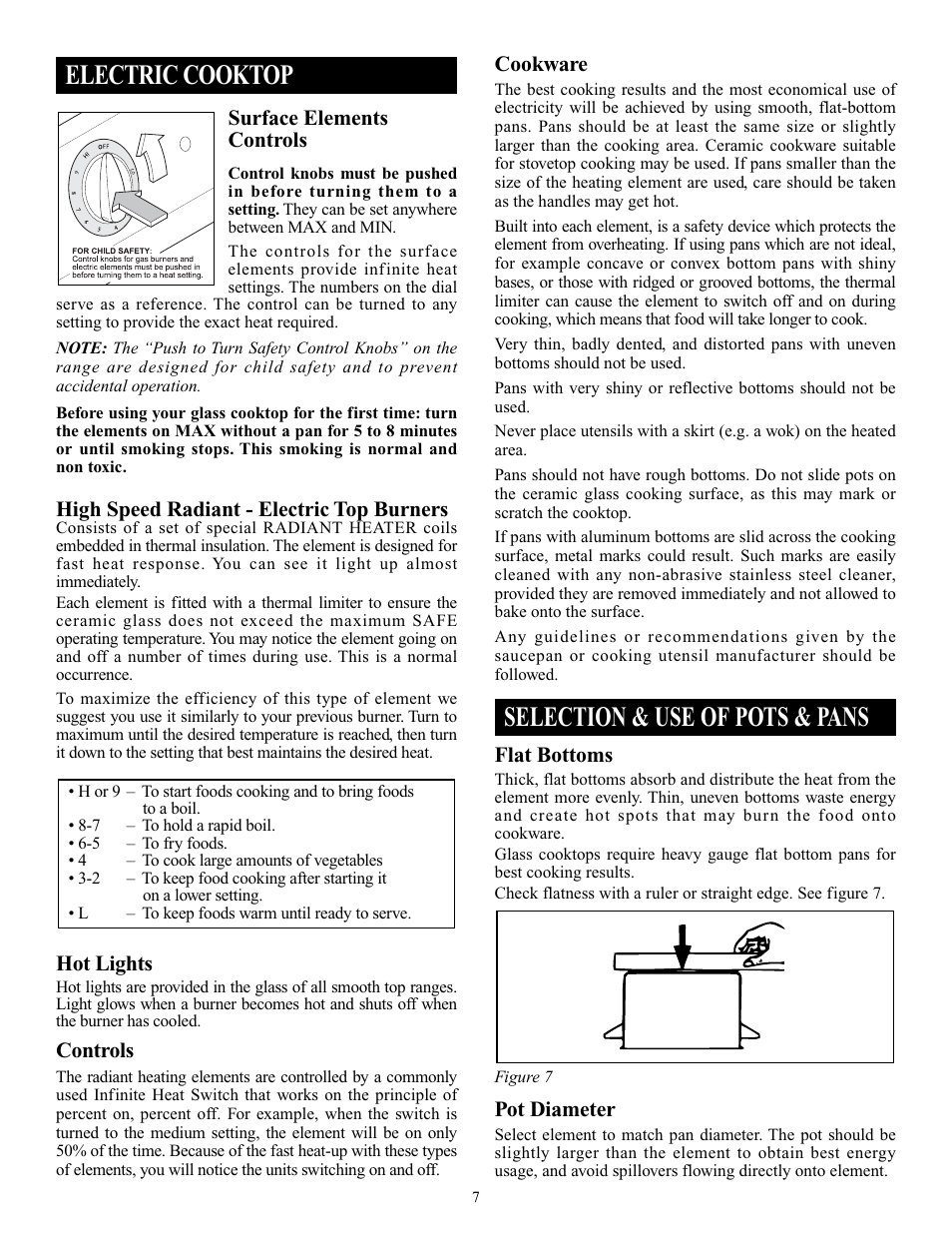 Electric cooktop, Selection & use of pots & pans | Elmira Stove Works 1954 User Manual | Page 7 / 32
