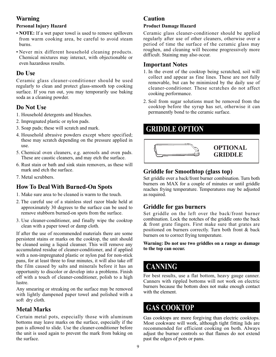 Griddle option, Canning, Gas cooktop | Elmira Stove Works 1954 User Manual | Page 9 / 32