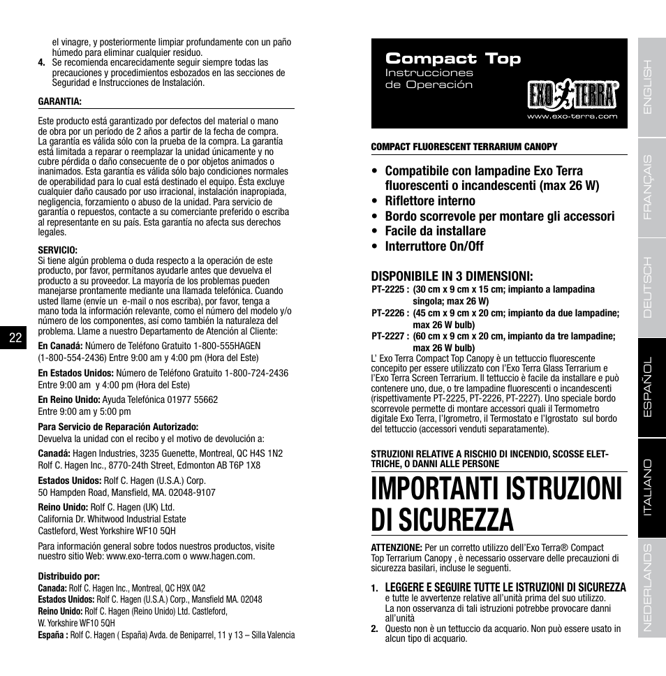 Importanti istruzioni di sicurezza, Compact top | Exo Terra Compact Top PT-2225-2226-2227 User Manual | Page 12 / 17