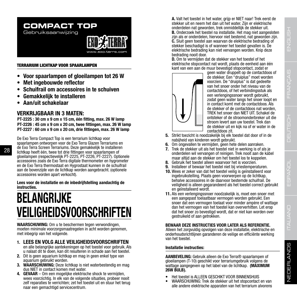Belangrijke veiligheidsvoorschriften, Compact top | Exo Terra Compact Top PT-2225-2226-2227 User Manual | Page 15 / 17