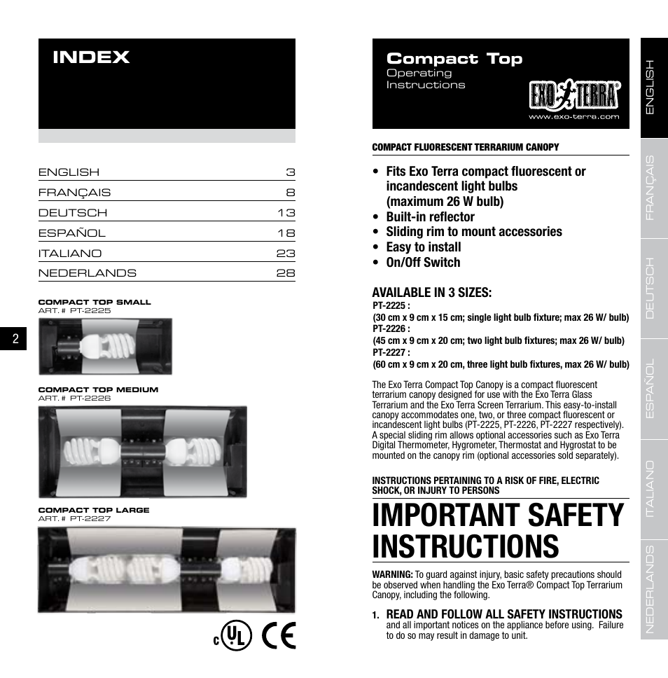 Important safety instructions, Index, Compact top | Exo Terra Compact Top PT-2225-2226-2227 User Manual | Page 2 / 17