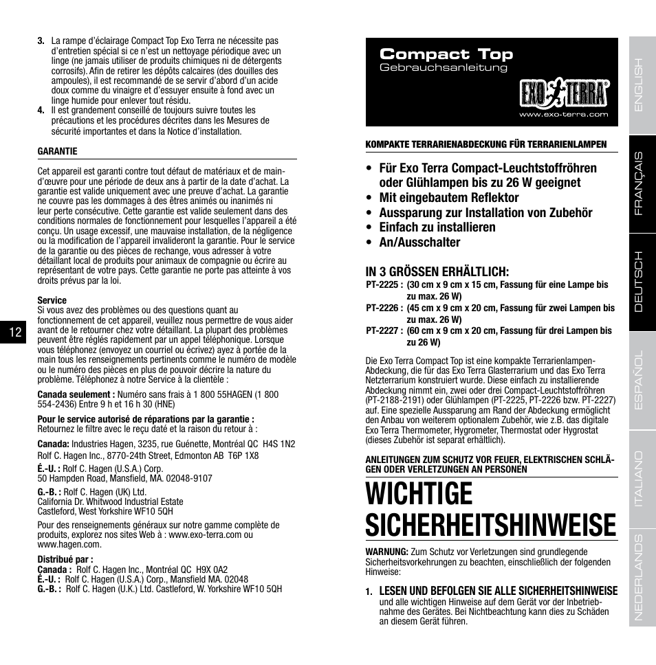 Wichtige sicherheitshinweise, Compact top | Exo Terra Compact Top PT-2225-2226-2227 User Manual | Page 7 / 17