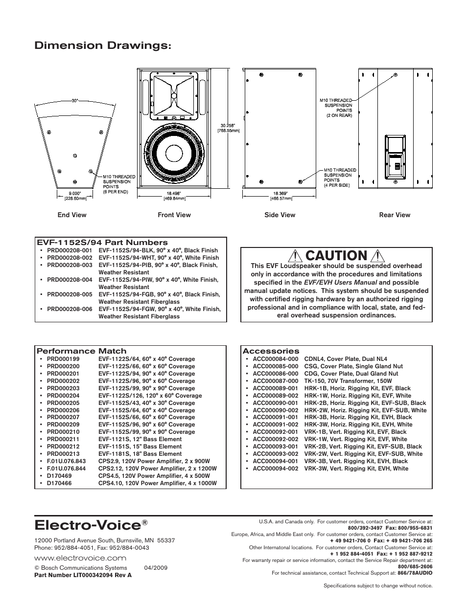 Electro-voice, Caution, Dimension drawings | EV Rider EVF-1152S/94 User Manual | Page 4 / 4