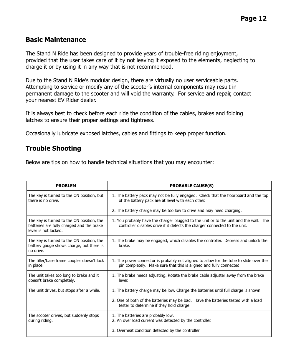 Basic maintenance, Trouble shooting, Page 12 | EV Rider Stand N Ride User Manual | Page 13 / 15