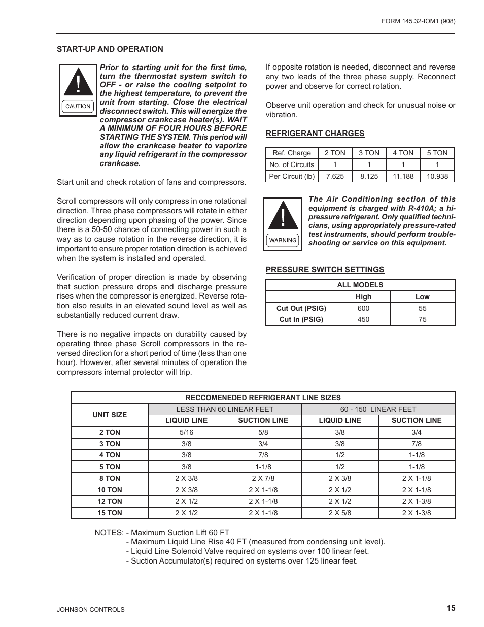 Start-up and operation, Refrigerant charges, Pressure switch settings | Energy Tech Laboratories DSH User Manual | Page 15 / 24