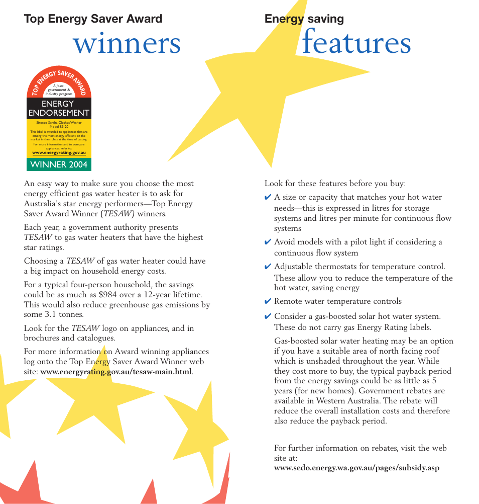 Gas water heaters, Winners, Features | Energy smart, Your guide to, Top energy saver award, Energy saving | Energy Tech Laboratories SS120 User Manual | Page 4 / 4