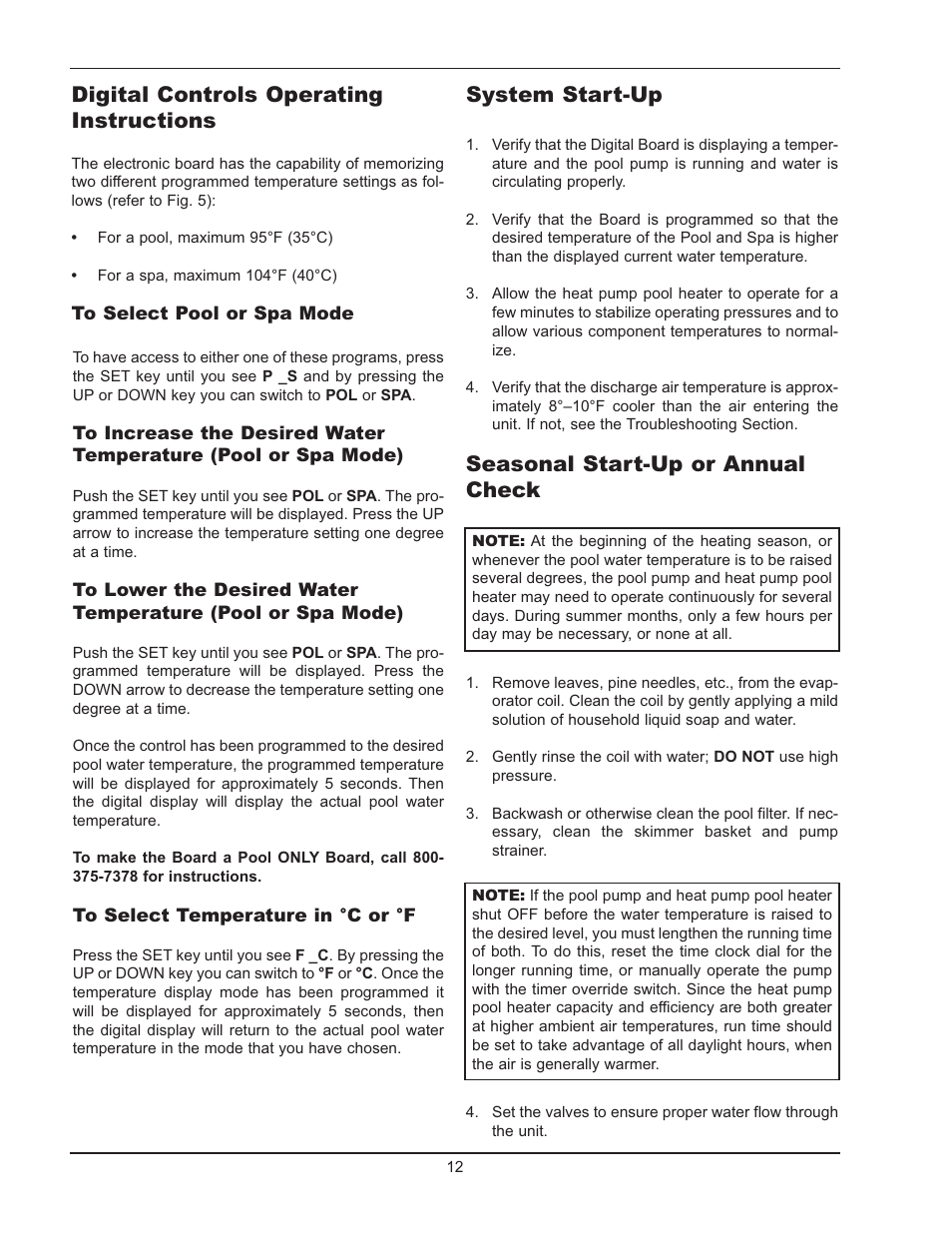 Digital controls operating instructions, System start-up, Seasonal start-up or annual check | Energy Tech Laboratories POOL & SPA 5310 User Manual | Page 12 / 24