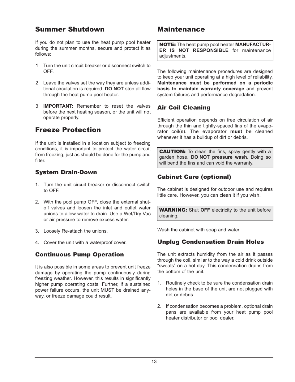 Maintenance, Summer shutdown, Freeze protection | Energy Tech Laboratories POOL & SPA 5310 User Manual | Page 13 / 24