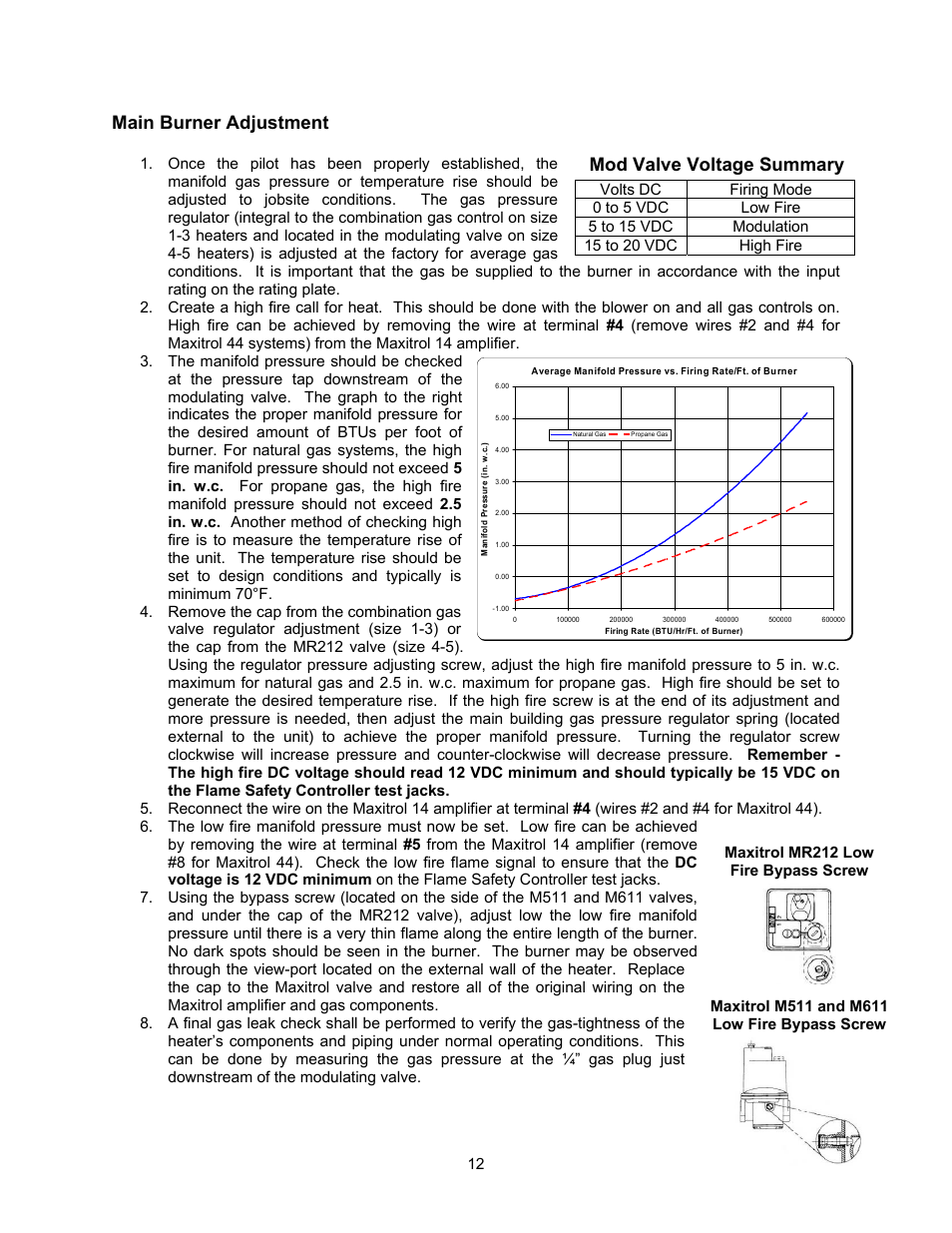 Mod valve voltage summary, Main burner adjustment | Energy Tech Laboratories MR212 User Manual | Page 12 / 28