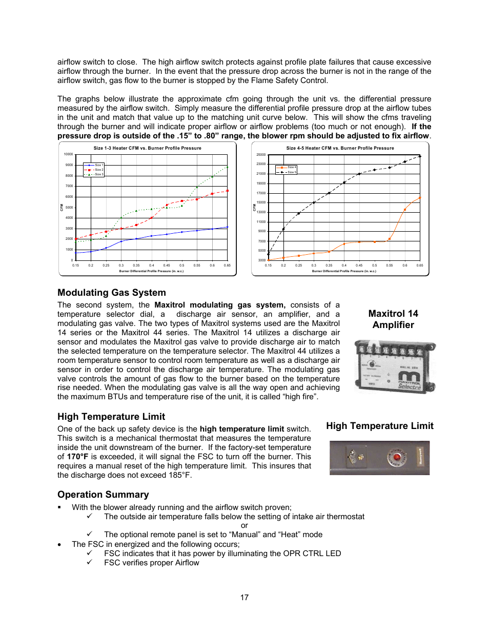 Maxitrol 14 amplifier high temperature limit, Modulating gas system, High temperature limit | Operation summary | Energy Tech Laboratories MR212 User Manual | Page 17 / 28