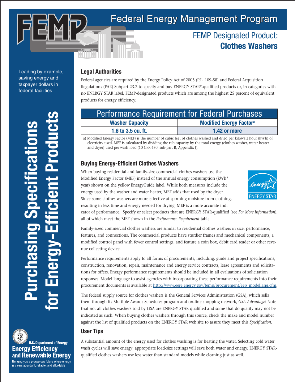 Energy Tech Laboratories FEMP Clothes Washer User Manual | 2 pages