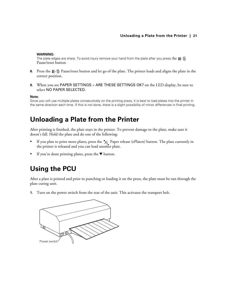 Unloading a plate from the printer, Using the pcu, Unloading a plate from the printer using the pcu | Energy Tech Laboratories 7900CTP User Manual | Page 21 / 28