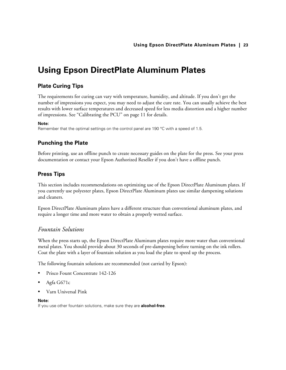Using epson directplate aluminum plates, Plate curing tips, Punching the plate | Press tips, Plate curing tips punching the plate press tips, Fountain solutions | Energy Tech Laboratories 7900CTP User Manual | Page 23 / 28