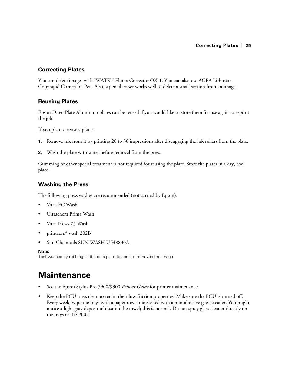 Correcting plates, Reusing plates, Washing the press | Maintenance, Correcting plates reusing plates washing the press | Energy Tech Laboratories 7900CTP User Manual | Page 25 / 28