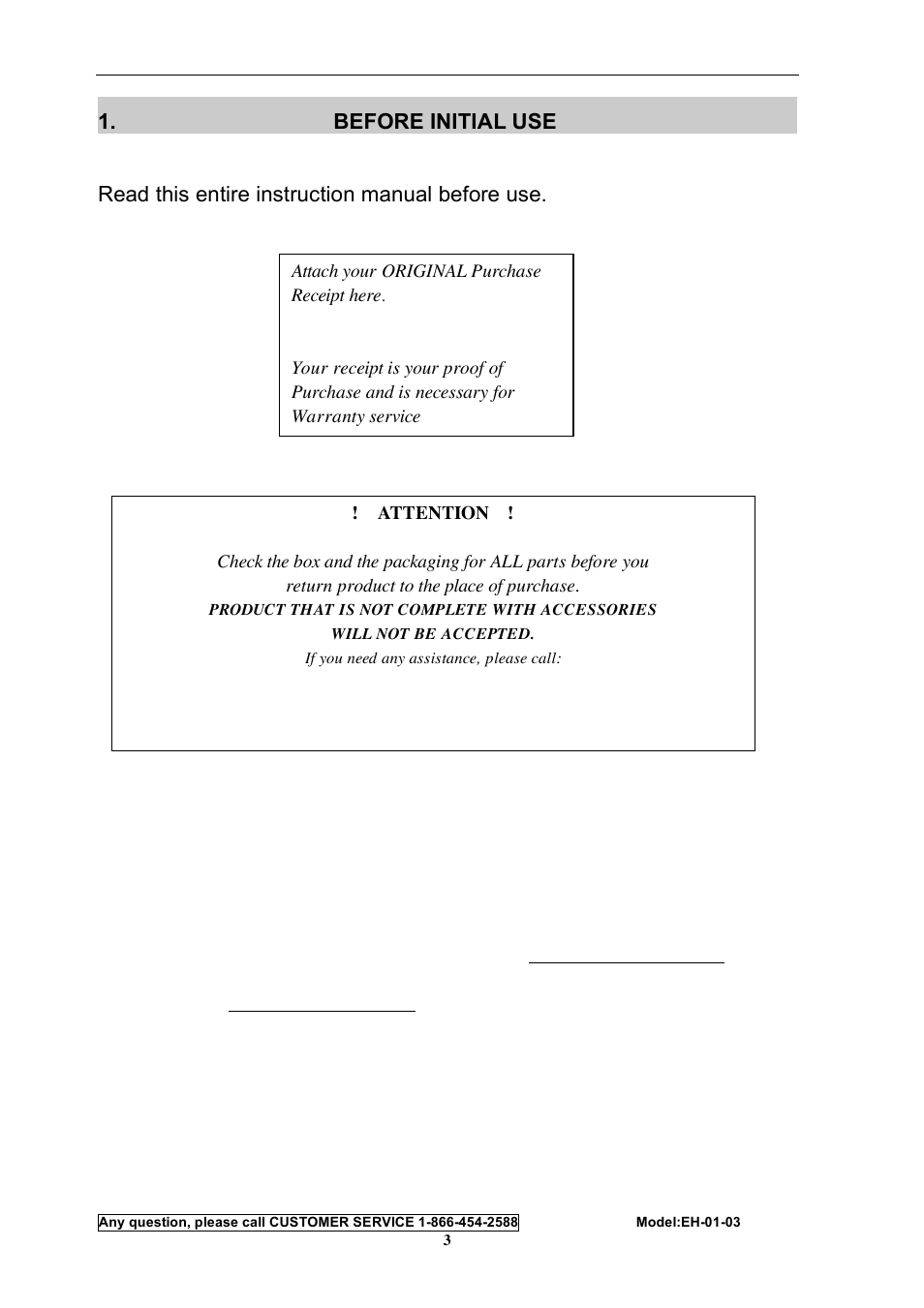 Before initial use, Read this entire instruction manual before use | Energy Tech Laboratories EH-01-03 User Manual | Page 3 / 16