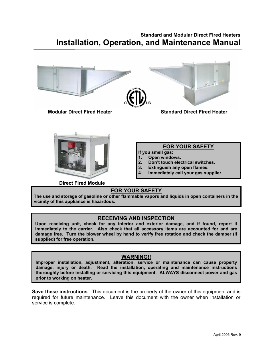 Energy Tech Laboratories Modular Direct Fired Heaters User Manual | 28 pages