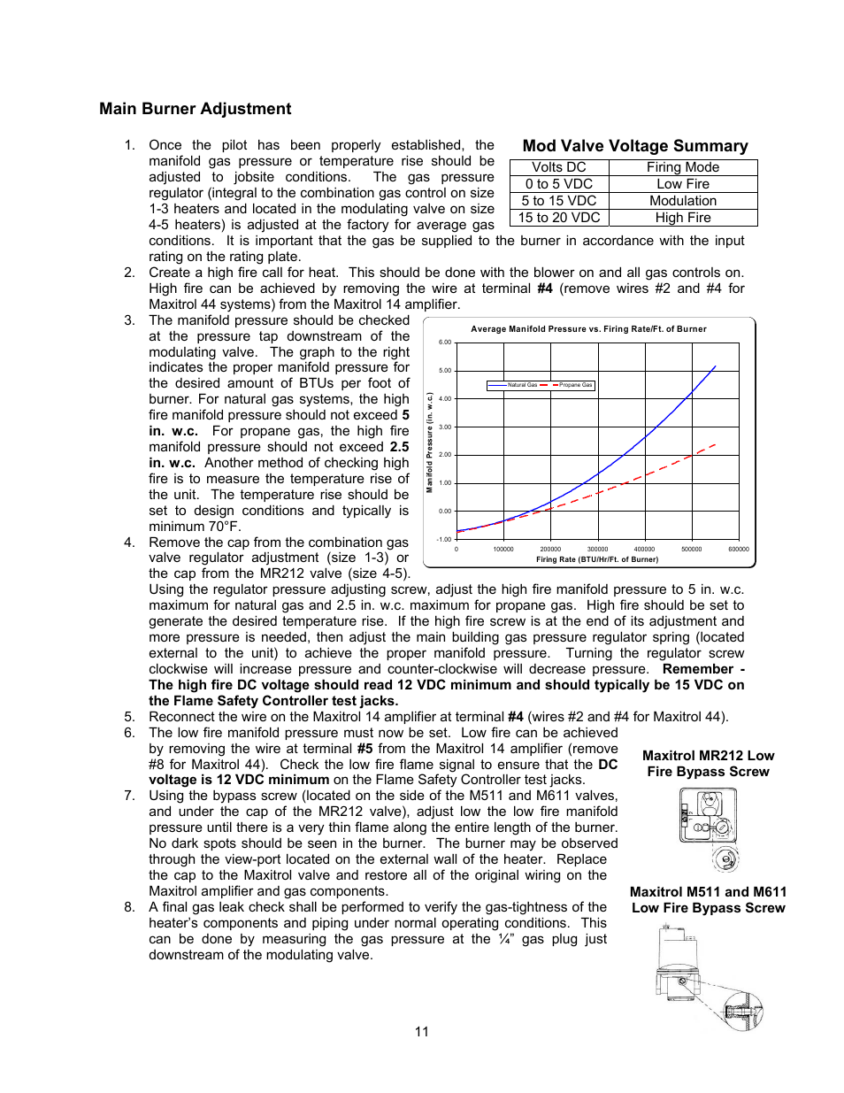 Mod valve voltage summary, Main burner adjustment | Energy Tech Laboratories Modular Direct Fired Heaters User Manual | Page 11 / 28