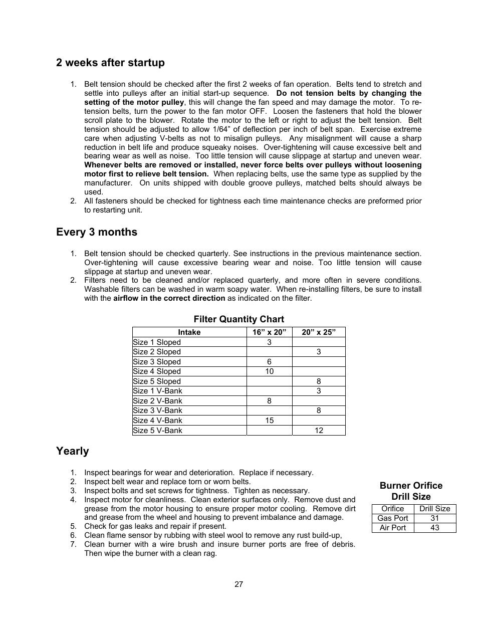 2 weeks after startup, Every 3 months, Yearly | Energy Tech Laboratories Modular Direct Fired Heaters User Manual | Page 27 / 28