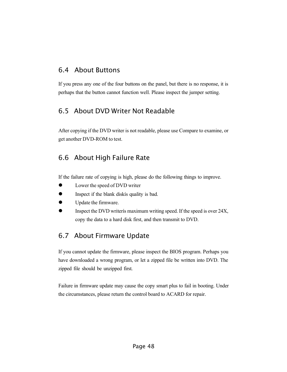 4 about buttons, 5 about dvd writer not readable, 6 about high failure rate | 7 about firmware update | EZQuest DVD Duplication User Manual | Page 48 / 55