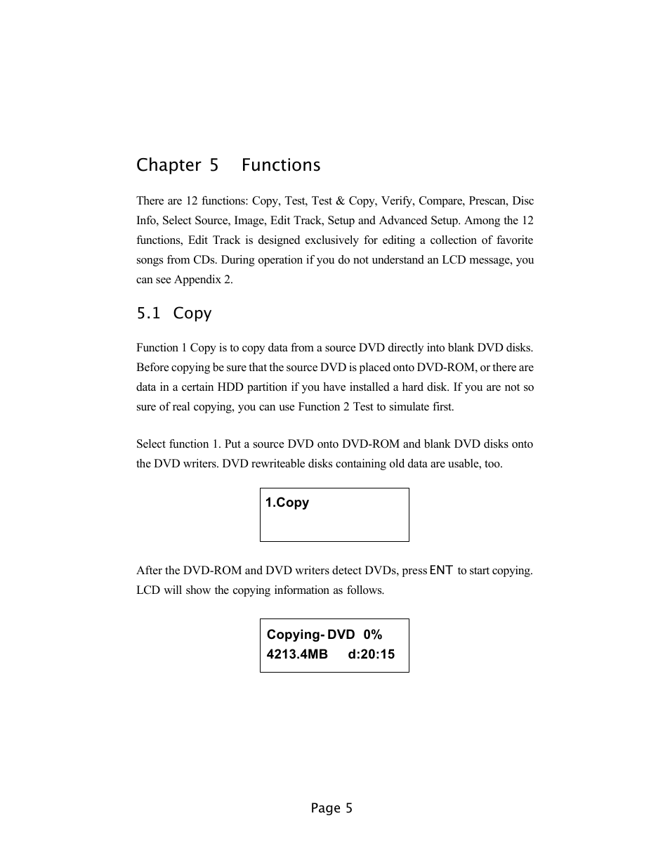 Chapter 5 functions, 1 copy | EZQuest DVD Duplication User Manual | Page 5 / 55