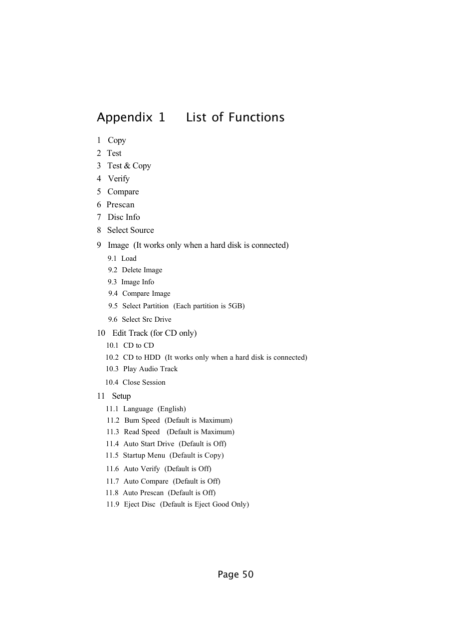 Appendix 1 list of functions | EZQuest DVD Duplication User Manual | Page 50 / 55