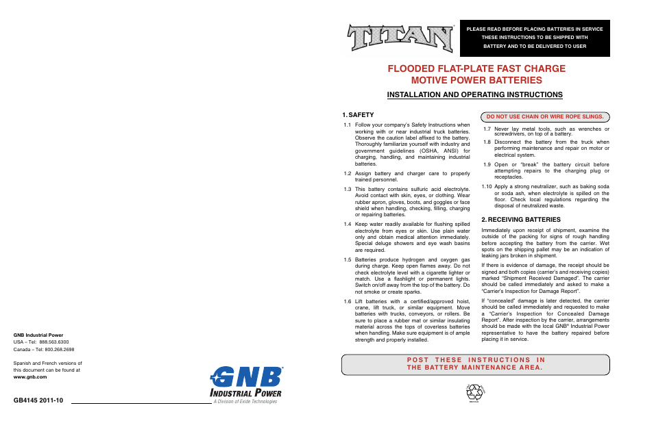 Exide Technologies FLOODED FLAT-PLATE FAST CHARGE MOTIVE POWER BATTERIES GB4145 2011-10 User Manual | 4 pages