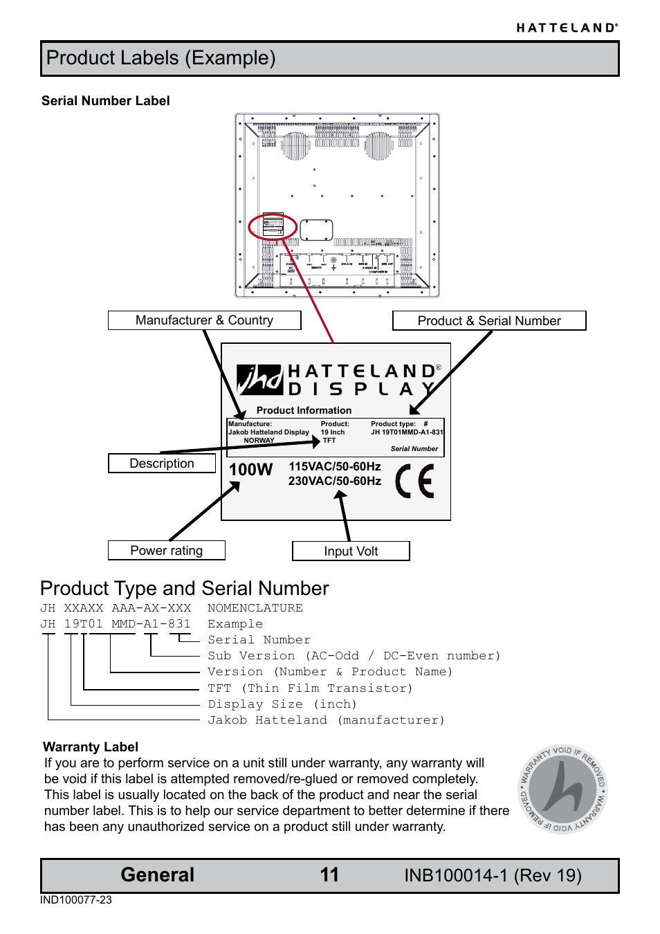Product labels (example), Serial number label, Warranty label | General, Product type and serial number, 100w | Elo TouchSystems JH 23T02 User Manual | Page 11 / 54