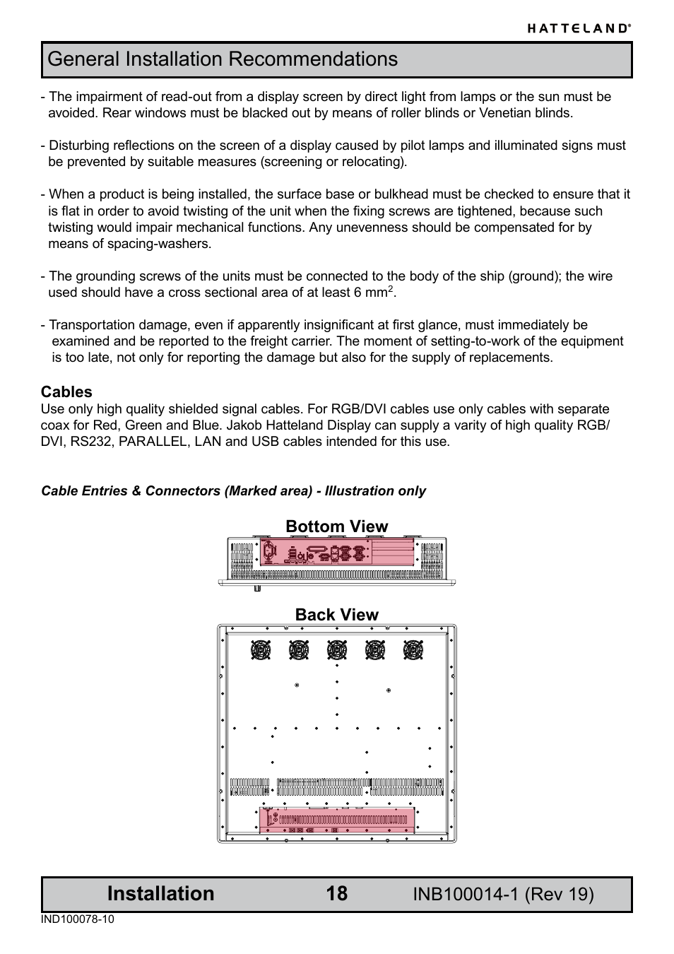Cables, General installation recommendations installation, Bottom view back view | Elo TouchSystems JH 23T02 User Manual | Page 18 / 54