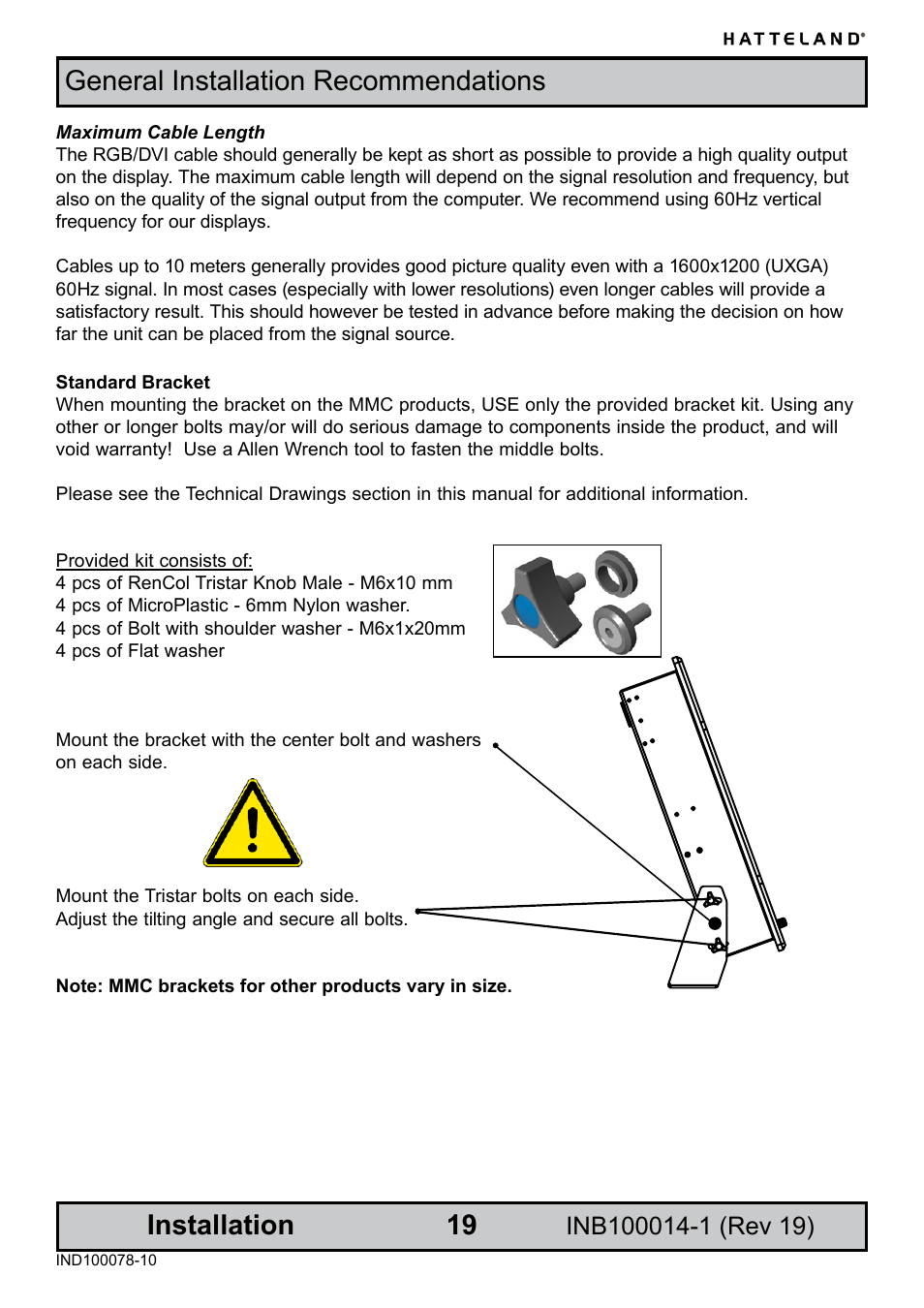 Maximum cable length, Standard bracket, General installation recommendations installation | Elo TouchSystems JH 23T02 User Manual | Page 19 / 54