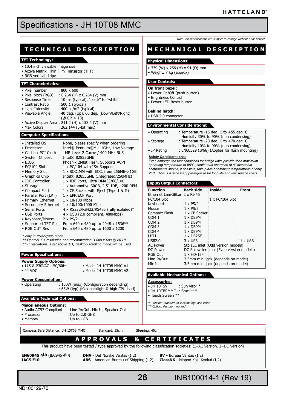 Specifications - jh 10t08 mmc | Elo TouchSystems JH 23T02 User Manual | Page 26 / 54