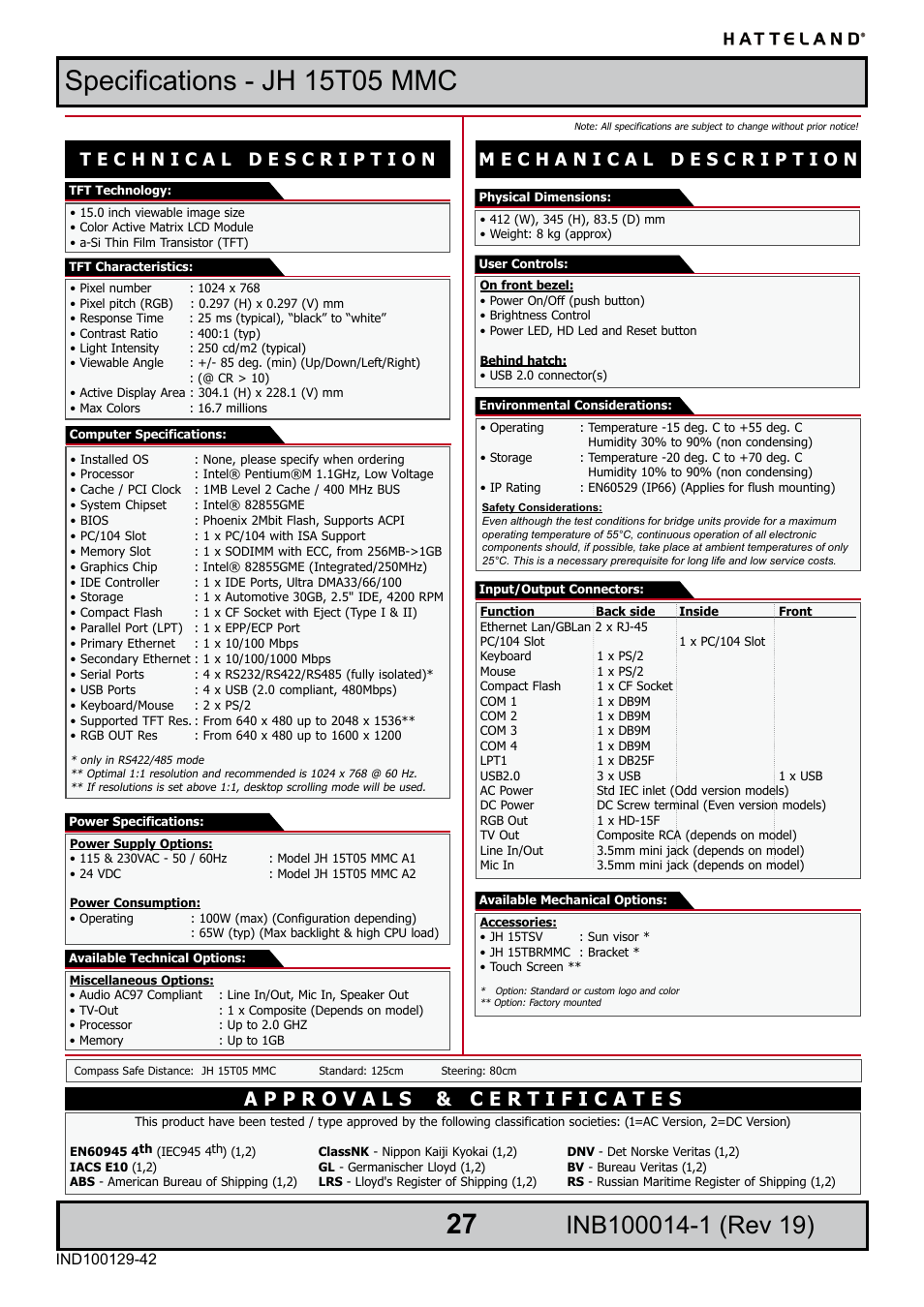 Specifications - jh 15t05 mmc | Elo TouchSystems JH 23T02 User Manual | Page 27 / 54