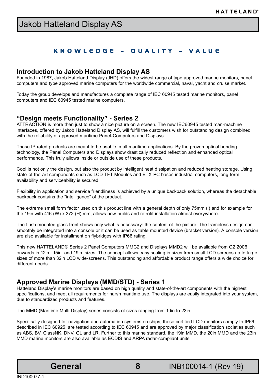 Introduction to jakob hatteland display as, Jakob hatteland display as, General | Design meets functionality” - series 2, Approved marine displays (mmd/std) - series 1 | Elo TouchSystems JH 23T02 User Manual | Page 8 / 54