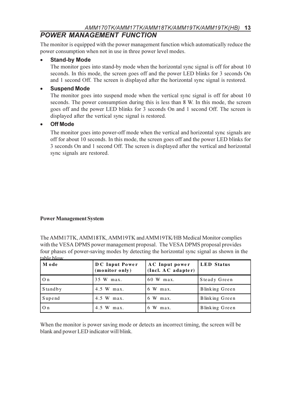 Power management function | Elo TouchSystems AMM170TK User Manual | Page 13 / 37