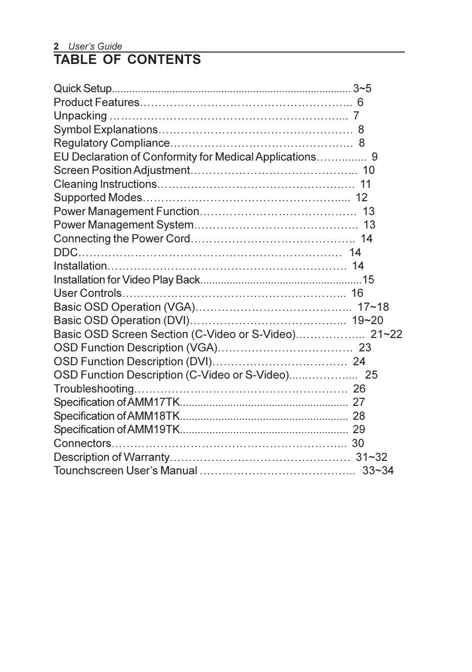 Elo TouchSystems AMM170TK User Manual | Page 2 / 37