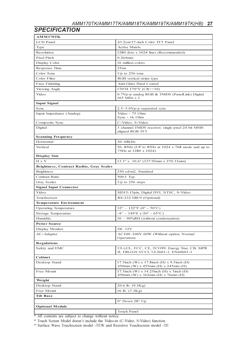 Specification | Elo TouchSystems AMM170TK User Manual | Page 27 / 37