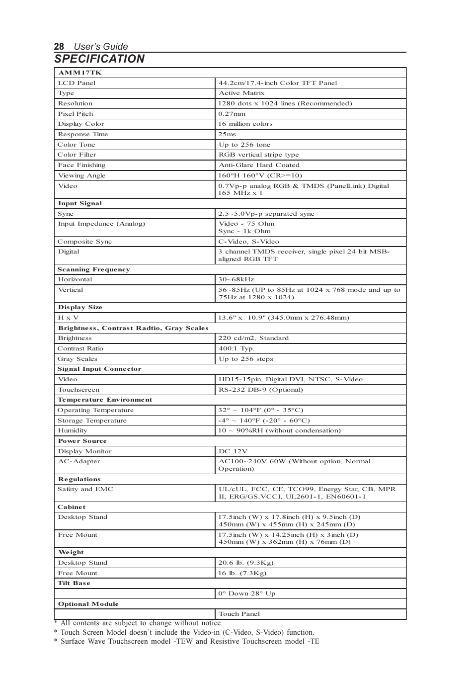 Specification, 28 users guide | Elo TouchSystems AMM170TK User Manual | Page 28 / 37