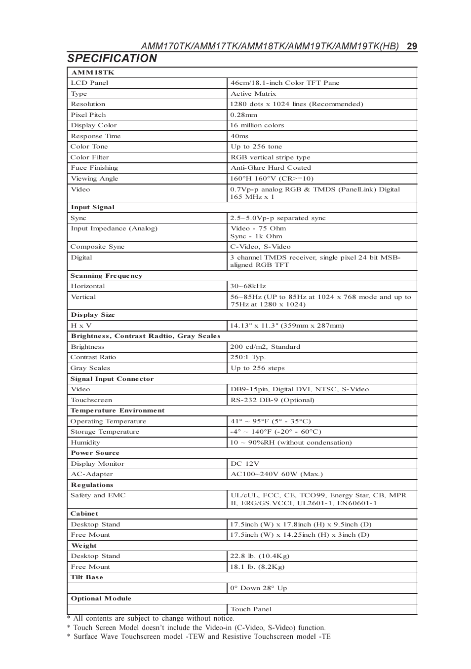 Specification | Elo TouchSystems AMM170TK User Manual | Page 29 / 37